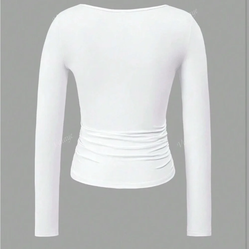 Ladies' Summer Knitted Square Neck Waist Cinching Sexy Y2K Base T-Shirt - Picture 4 of 4
